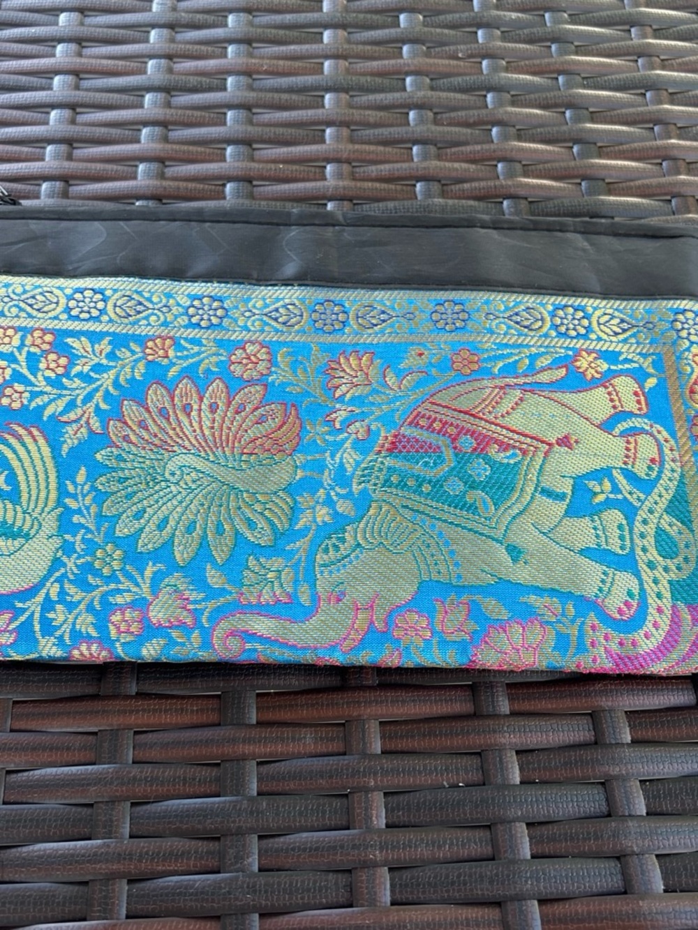 Source Unknown Blue and Gold Elephant-Trim Clutch